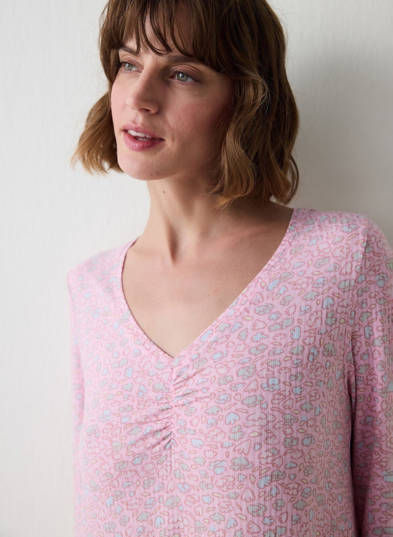 بنتي قميص نوم طويل بأكمام طويلة بنقش زهري - Image 3